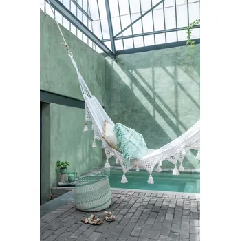 Houpací síť Bílá bavlněná hamaka s háčkovaným okrajem a střapci Tassé - 220*130*6 cm