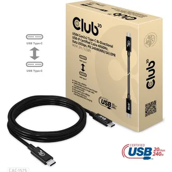 Datový kabel Club 3D Club3D kabel USB4 Gen2x2 Typ-C, Oboustranný USB-IF Certifikovaný data kabel, Data 20Gbps, PD 240W(48V/5A) EPR M/M 2m CAC-1575