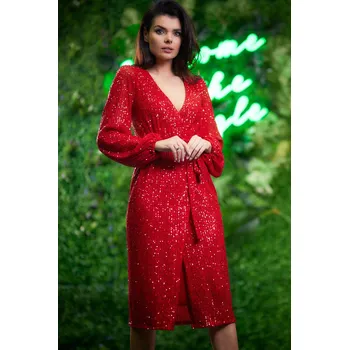 Dámské šaty Zavinovací šaty se zavazováním na bocích a páskem A567 Barva: Červená, Velikost: M