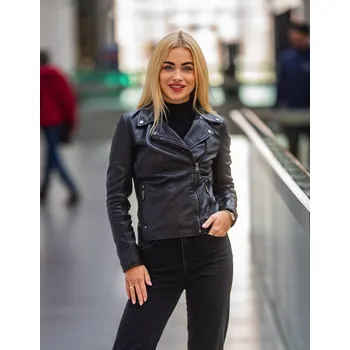 Dámská casual bunda Dámský černý kožený křivák Divoký býk GWCETA Velikost XS