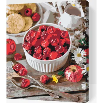 Malování podle čísel - Maliny v misce Velikost: 30x40cm, Rámování: Pouze srolované plátno