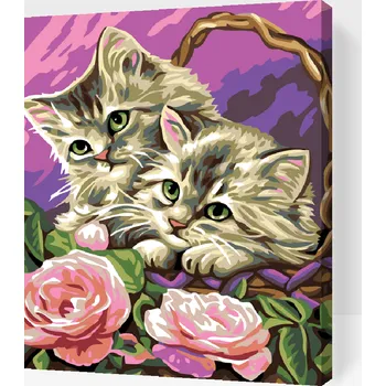 Malování podle čísel - Kočičky v košíku Velikost: 30x40cm, Rámování: Pouze srolované plátno