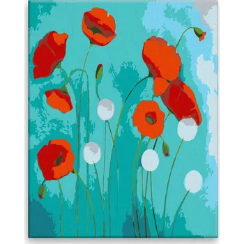 Malování podle čísel - Rudý vlčí mák a modré pozadí - 40x50 cm, bez dřevěného rámu - CZ výroba