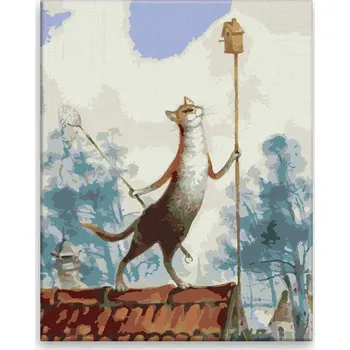 Malování podle čísel - Kočka loví ptáky - 40x50 cm, bez dřevěného rámu - CZ výroba