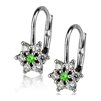 Náušnice Dětské stříbrné náušnice - kytičky s čirými a zelenými zirkony