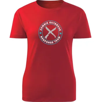 Dámské tričko Dámské tričko Zombie Outbreak Response Team Machete and Shotgun - červená