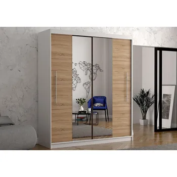 Šatní skříň Eoshop Šatní skříň Cori 204 cm se zrcadlem, Bílá / Dub Sonoma se zrcadlem, LED osvětlení