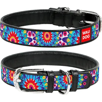 Obojek pro psa Obojek kožený Waudog Flowers černý Délka: 30-39cm/2cm