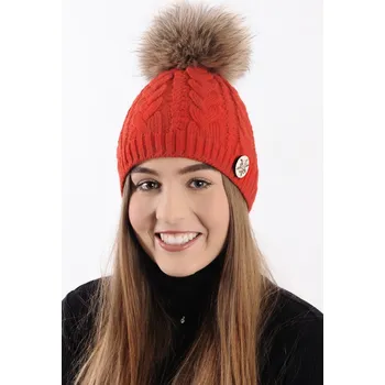 Čepice R-JET Červená dámská zimní pletená čepice s odepínací pravou kožešinovou bambulí