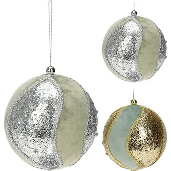 Vánoční dekorace Vánoční koule látková 85 mm, zelená se třpytivou stříbrnou /zlatou barvou (2 varianty)