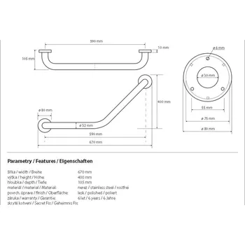Madlo do koupelny Help úhlové držadlo 120° 660x400mm, nerez