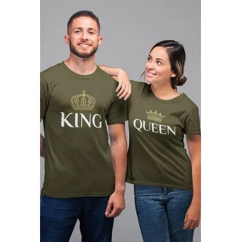 Pánské tričko Trička pro páry King Queen Gold Barva: Khaki, Dámska velikost: S, Pánska velikost: 4XL