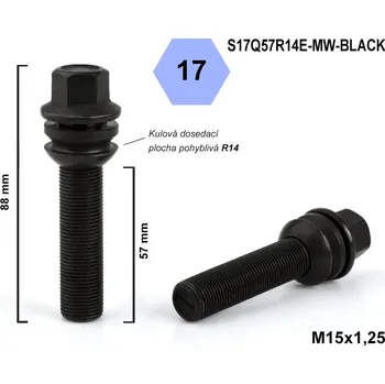 Šroubek na kolo Kolový šroub M15x1,25x57 kulový R14, pohyblivá plocha, klíč 17, S17Q57R14E-MW-BLACK, černý, výška 88 mm