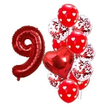 Balónek Balónkový set Srdce červené, číslo 9, 12 ks