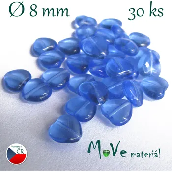 Dětské navlékací korálky Česká skleněná stř. modrá srdíčka 8mm 30ks