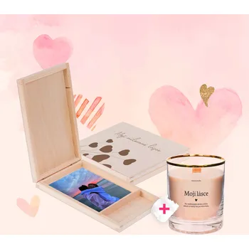 Dárková krabička Set - Svíčka s věnováním + Dřevěná krabička na fotky Krabička: Milované lásce