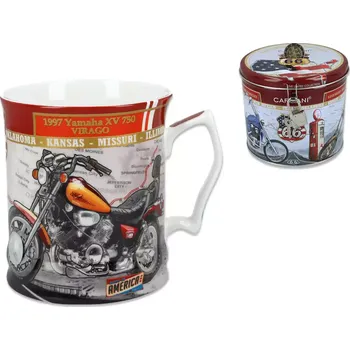 Carmani® Carmani - Porcelánový hrníček, dekor Motorka YAMAHA v plechové kasičce s visacím zámkem - 480 ml