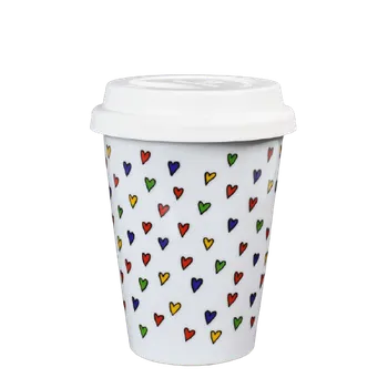 Termohrnek Porcelánový pohárek Coffee to Go s víčkem a páskou, Mini srdíčka - 310 ml