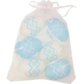 Velikonoční dekorace ANDĚL Vajíčka s kytičkami bílá/modrá plastová na zavěšení 6 cm, 6 ks v organze