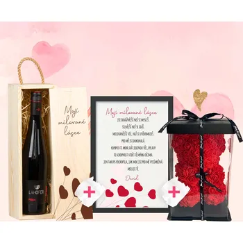 Dárková krabička Set - Medvídek z růží, plakát s věnováním + Dřevěná krabička s vínem Krabička: Milované lásce, Víno: bez vína