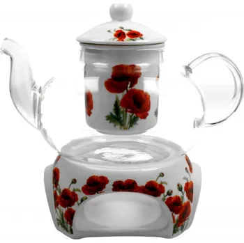 Filtrační konvice DUO Gifts DG - Skleněná konvice s ohřívačem na čajovou svíčku CLASSIC POPPIES, Vlčí mák v dárkové krabičce - 1000 ml