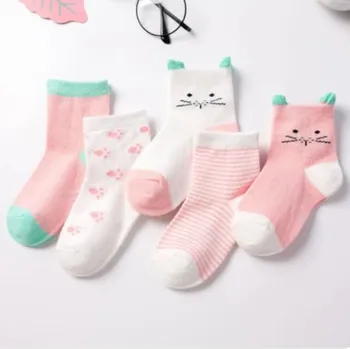 5 párů bavlněných ponožek s motivem kočičky a medvídka (0-6 let) Barva: 1 růžová kočička, Velikost: 4-6 let (14-16 cm)
