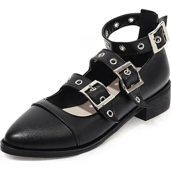 Dámské lodičky kožené punk baleríny s pásky a přezkami GoodDayGirl Barva: Černá, Velikost: 40