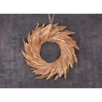 Vánoční dekorace Věnec péřový MagicHome, zlatý, 35 cm, závěsný