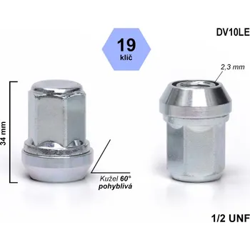 Matice na kolo Kolová matice 1/2 UNF kužel plovoucí, zavřená, klíč 19, DV10LE, výška 34 mm