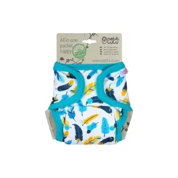 Plenkové kalhoty Petit Lulu - ALL-IN-ONE kapsová plena (AIO) - Tyrkysová peříčka, Velikost 4 - 15kg