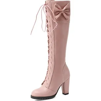 Dámské kozačky Vysoké kozačky na podpatku s ozdobnou mašli GoodDayGirl Fashion Barva: Růžová, Velikost: 43