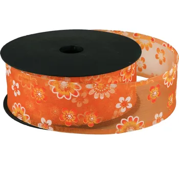 Svatební dekorace Organzaová stuha s potiskem květu 4 cm x 9 m KW02 105 oranžová