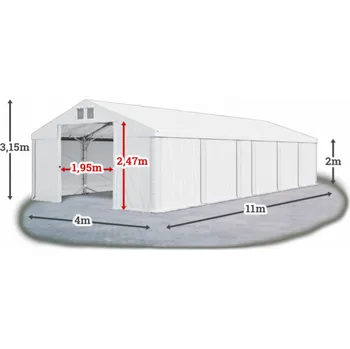 Zahradní stan Skladový stan 4x11x2m střecha PVC 580g/m2 boky PVC 500g/m2 konstrukce POLÁRNÍ PLUS Bílá Bílá Bílá