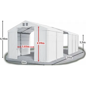 Zahradní stan Skladový stan 8x20x3,5m střecha PVC 560g/m2 boky PVC 500g/m2 konstrukce ZIMA Bílá Bílá Bílá