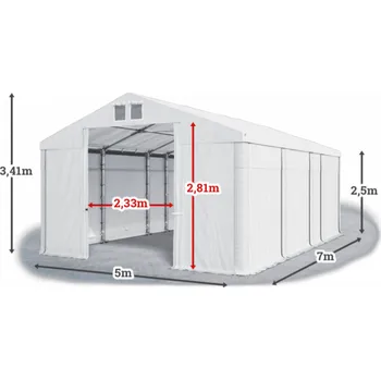 Zahradní stan Skladový stan 5x7x2,5m střecha PVC 580g/m2 boky PVC 500g/m2 konstrukce ZIMA Bílá Bílá Bílá