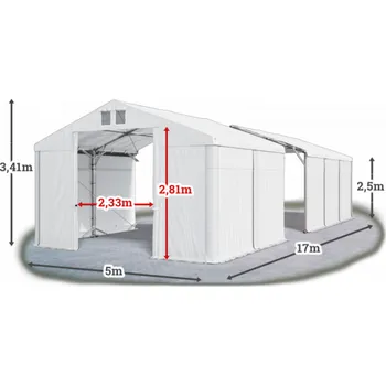 Zahradní stan Skladový stan 5x17x2,5m střecha PVC 580g/m2 boky PVC 500g/m2 konstrukce POLÁRNÍ PLUS Bílá Bílá Bílá