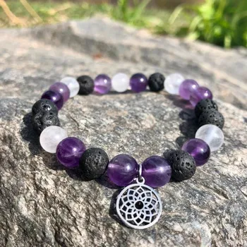 Náramek Živé kameny Minerální náramek ametyst, lávový kámen, křišťál - FIALKA