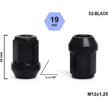 Matice na kolo Kolová matice M12x1,25 kužel zavřená, klíč 19, RD12/S BLK, D2-BLACK, černá, výška 34 mm