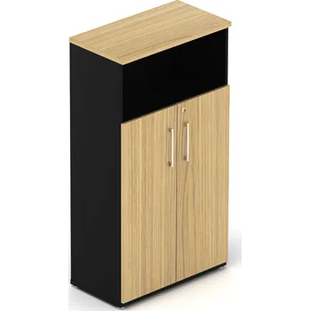 Policová skříň NABYTEK-DESIGNOVY.CZ - DE483 - Skříň kancelářská EPIC, 4 police, dveře přes 3 police + volitelné skleněné dveře, výška 148,1cm, dub/černá