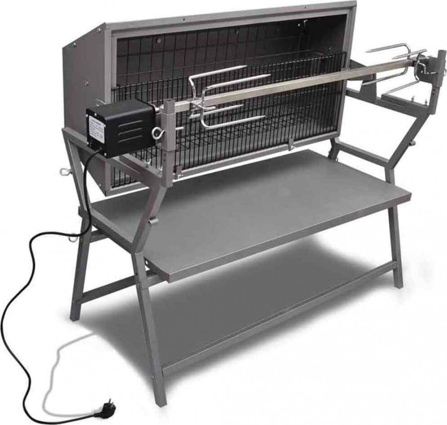 Profesionální kvalitně zpracovaný gril na sele s elektrickým rožněm s max, zatížením do 40kg. Gril na sele boční, 137x55x91cm.