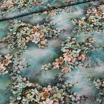 Eratex Polyesterové hedvábí třešňové květy/tmavá tyrkysová 1,4/1 m