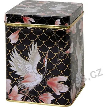 Dóza na potraviny CRANES černá plechová dóza na čaj 7418 bílí ptáci jeřábi a květy magnólie