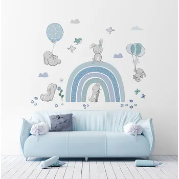 Samolepící dekorace SAMOLEPKY NA ZEĎ KRÁLÍČCI S BALÓNKY A DUHOU MODRÉ