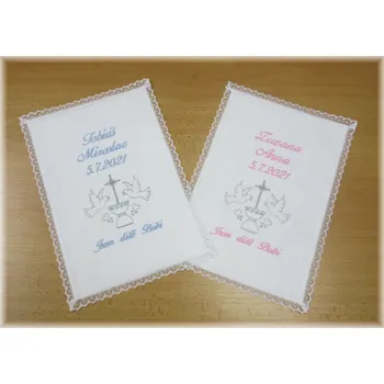 rouška Vyšívaná křestní rouška s krajkou vzor 7 (Křestní rouška- jména data dle Vašeho zadání. )