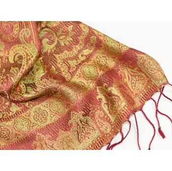 Šála Hedvábná šála Jamawar malá - červená a limetkově zelená s ornamenty