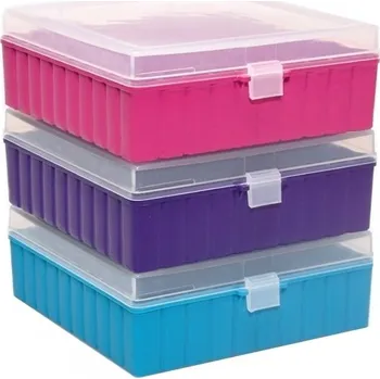 Úložný box Box skladovací s víkem, pro vialky o průměru 12 mm, Barva: Růžová, Počet míst: 100, Rozměry [mm]: 141 x 151 x 53