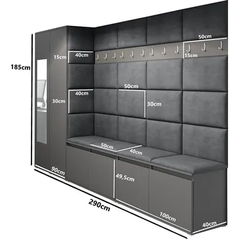 Předsíňová stěna Eka Předsíňová stěna s čalouněnými panely Trinity 9 - Grafit / Šedá 2314