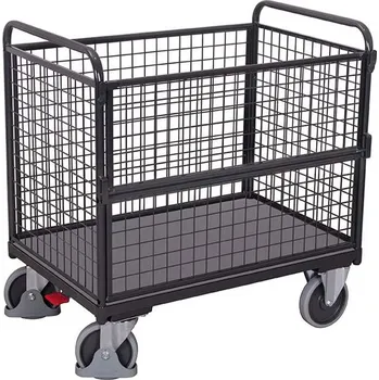 Plošinový vozík Skříňový vozík VARIOfit, stěny z drátěné mřížky - jedna sklopná, 1200 x 800 mm, nosnost 500 kg, barva antracit RAL7016 /deska šedá