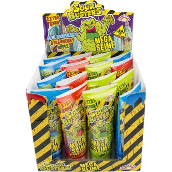 Bonbon Ovocný kyselý gel SOUR BUSTERS MEGA SLIME 55 ml - kyselý sliz - balení 16 ks (kyselý "gel" / tekuté bonbóny / v tubě)
