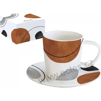 Easy Life ELEMENTS BROWN porcelánový šálek a podšálek hnědý ovál a černé linky 250ml